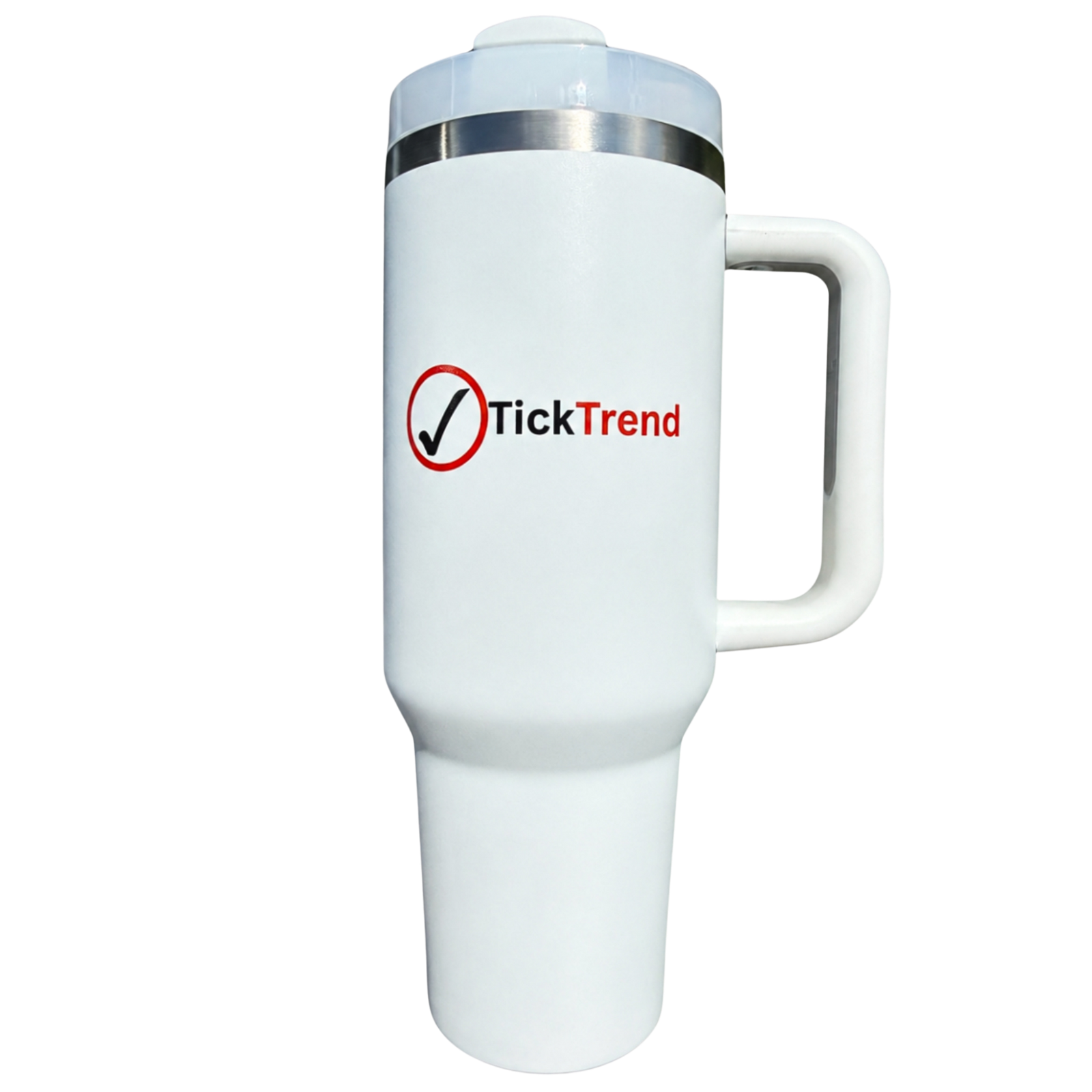 White TickTrend 40 oz insulated tumbler with handle and lid on a white background