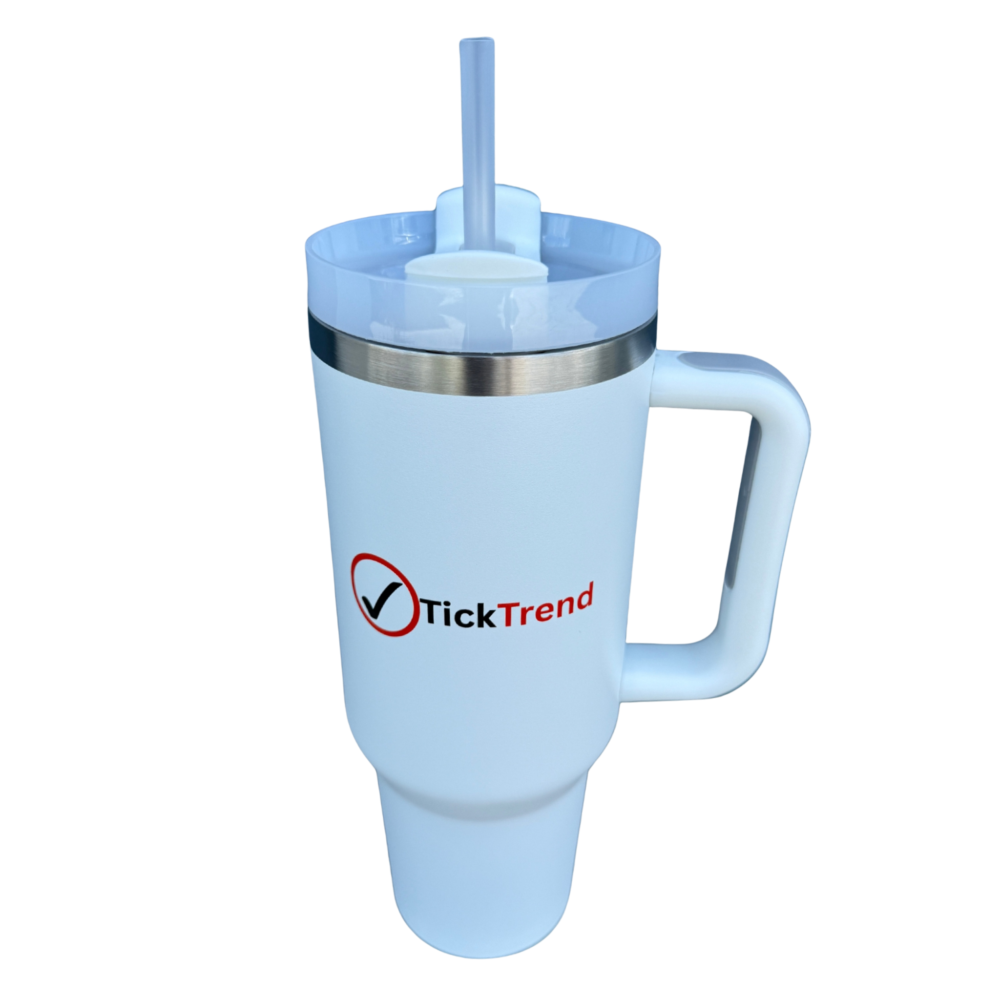 TickTrend 40oz light blue insulated stainless steel travel tumbler with a handle, reusable straw, and matching straw cover on a clean studio background.