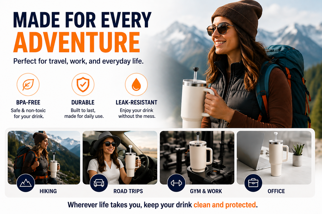 40oz insulated stainless steel travel tumbler with handle and leak-resistant straw lid shown for hiking, road trips, gym workouts, office use, and everyday travel. BPA-free double-wall vacuum insulated tumbler keeps drinks hot or cold while on the go.