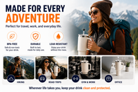 40oz insulated stainless steel travel tumbler with handle and leak-resistant straw lid shown for hiking, road trips, gym workouts, office use, and everyday travel. BPA-free double-wall vacuum insulated tumbler keeps drinks hot or cold while on the go.