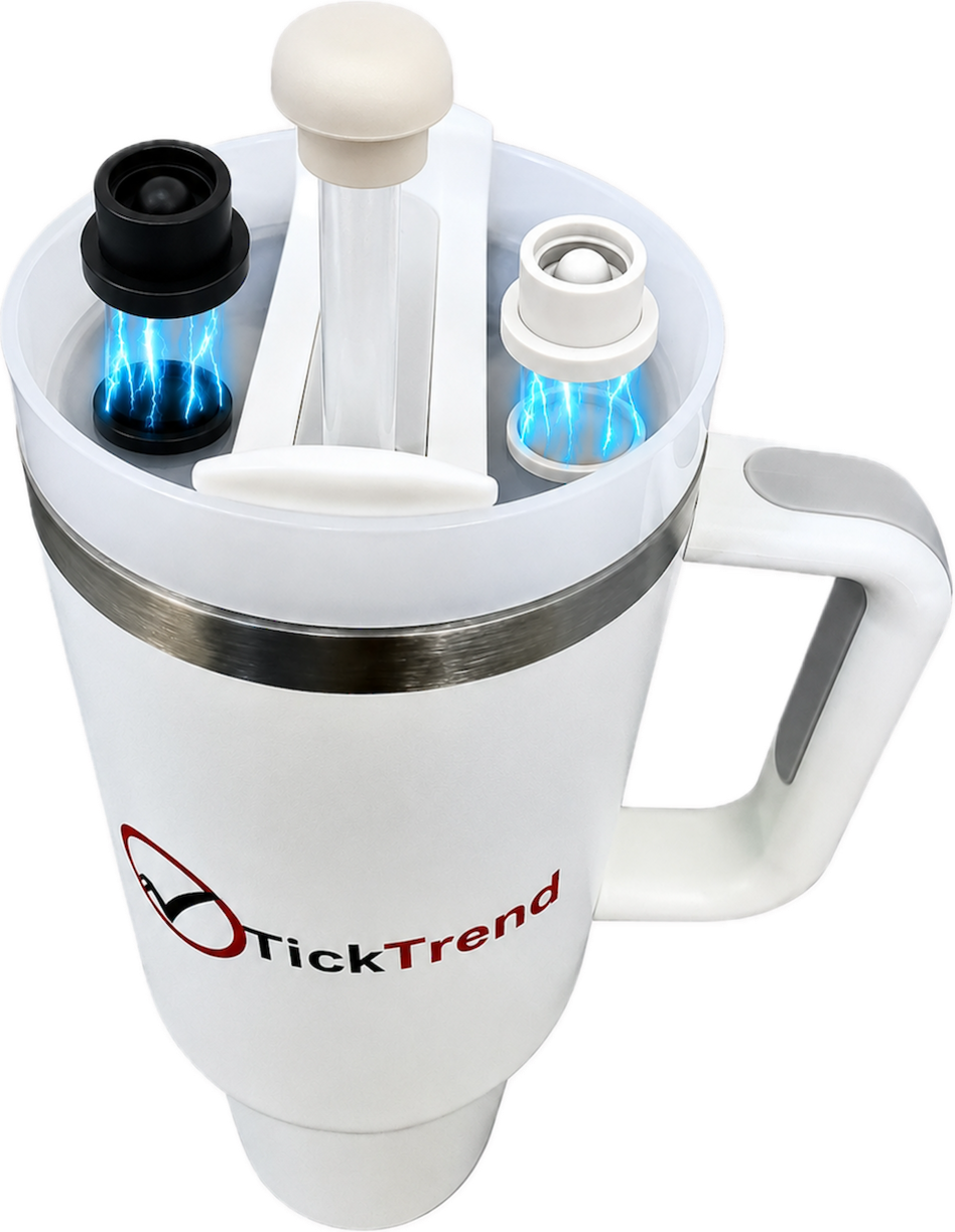 Pearl white and black magnetic silicone straw cover caps shown on clear reusable straws above a white TickTrend handled tumbler with a transparent background.