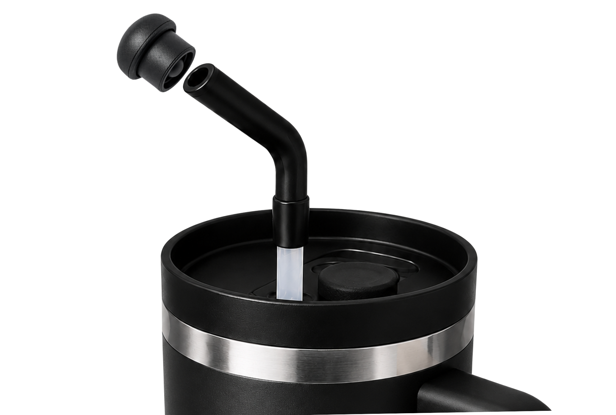 Black stainless steel tumbler with angled reusable straw and magnetic silicone straw topper hovering above the opening, demonstrating leak resistant straw protection and magnetic attachment for 10mm–12mm tumbler straws during travel and everyday use.