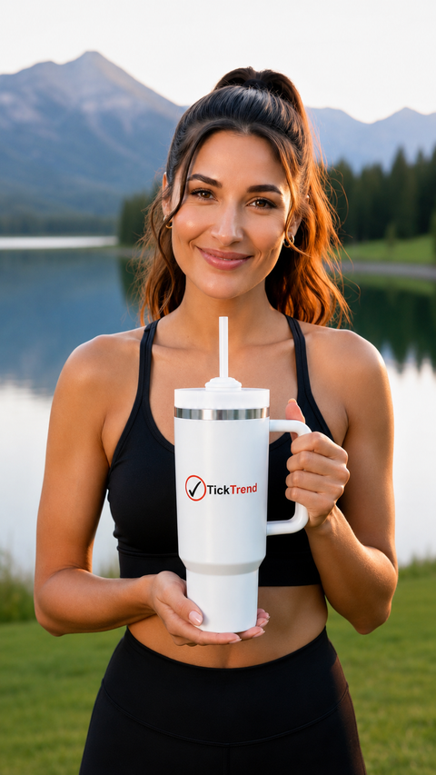 Woman holding a white TickTrend 40 oz insulated tumbler outdoors by the lake