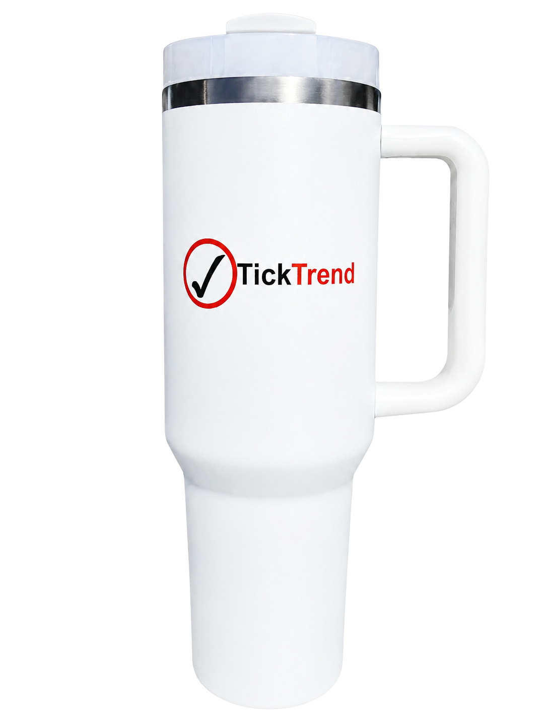 White TickTrend 40 oz insulated tumbler with handle and straw lid, transparent front view