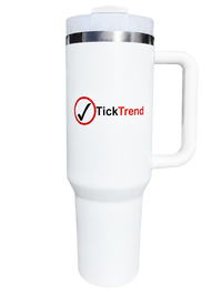 White TickTrend 40 oz insulated tumbler with handle and straw lid, transparent front view