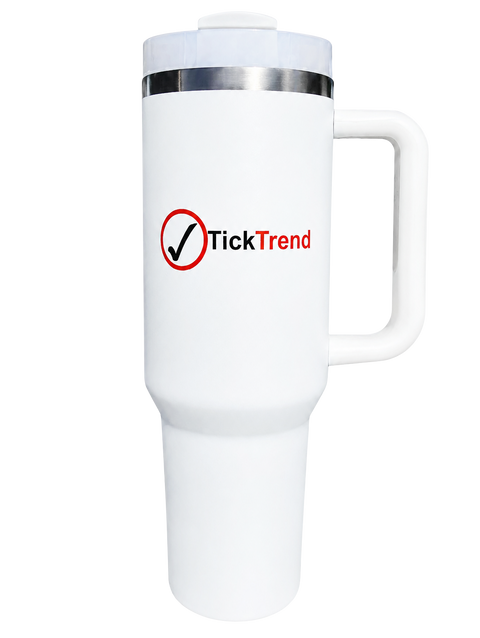 White TickTrend 40 oz insulated tumbler with handle and straw lid, transparent front view