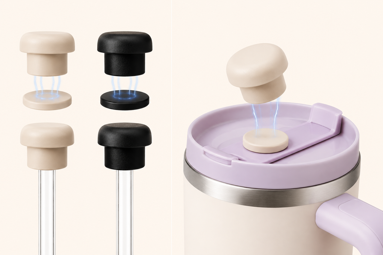 Travel mug lid featuring a magnetic silicone straw lid cover in pearl white and black, shown on reusable straws and above a tumbler lid to illustrate splash proof straw protection, strong magnetic attachment, and compatibility with 10mm–12mm drinkware straws.