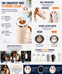 Before and after comparison showing how magnetic silicone straw cover caps for 40oz tumblers help block dust, debris, germs, and spills. Leak-proof reusable straw protector demonstrated on an insulated travel tumbler with strong magnetic closure and wide 10mm–12mm straw compatibility.