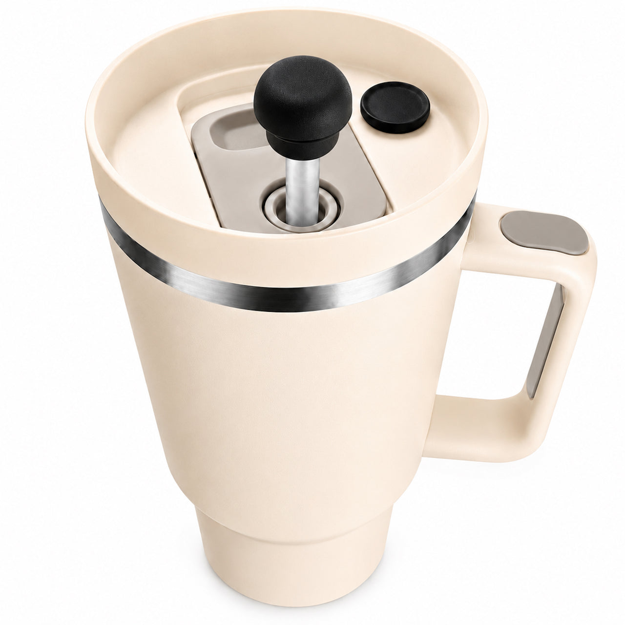 Black silicone magnetic straw topper installed on a 40oz insulated handled tumbler, showing a clean low-profile fit on a reusable drinking straw. Food-grade magnetic straw cover helps shield the straw opening from dust, debris, insects, and everyday contaminants while supporting spill-resistant travel, office, commuting, and outdoor use.