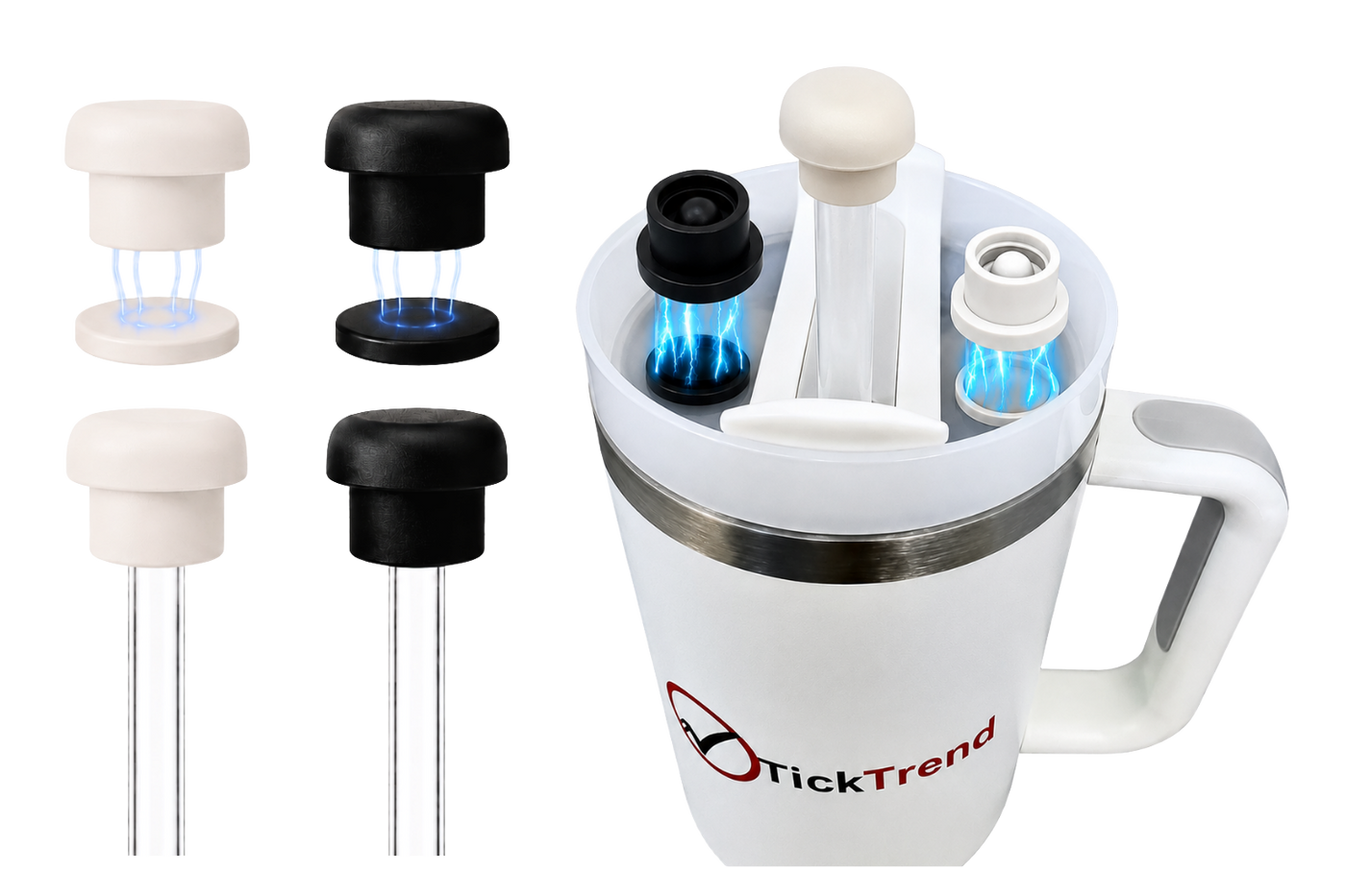 Pearl white and black magnetic silicone straw cover caps displayed on reusable straws with a white 40oz handled tumbler, showing the magnetic attachment and compatibility with most 10–12mm straws.