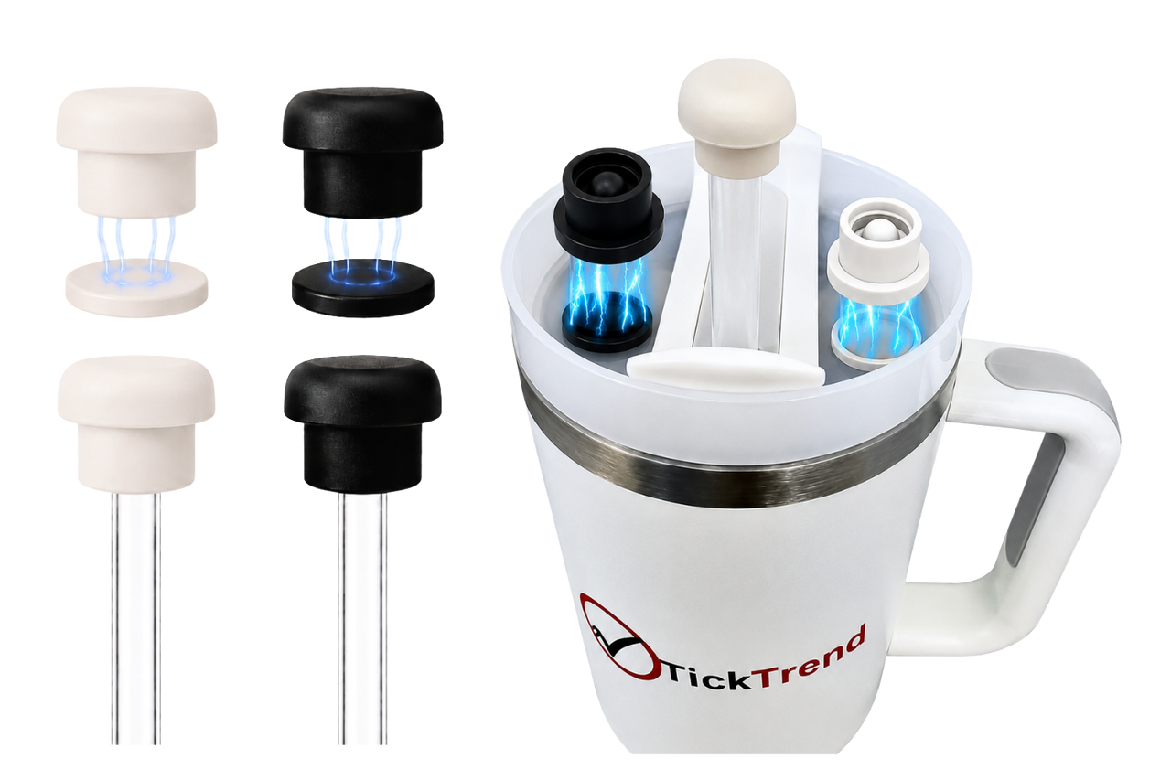 Pearl white and black magnetic silicone straw cover caps displayed on reusable straws with a white 40oz handled tumbler, showing the magnetic attachment and compatibility with most 10–12mm straws.