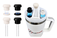 Pearl white and black magnetic silicone straw cover caps displayed on reusable straws with a white 40oz handled tumbler, showing the magnetic attachment and compatibility with most 10–12mm straws.