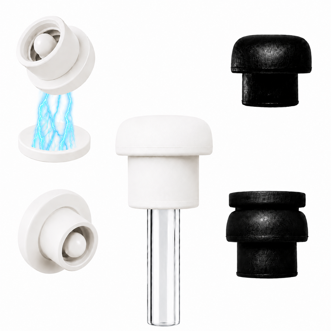 Close-up display of pearl white and black magnetic silicone straw cover caps with internal magnet components and a clear reusable straw, showing the silicone construction and compatibility with most 10–12mm reusable straws for tumblers and water bottles.