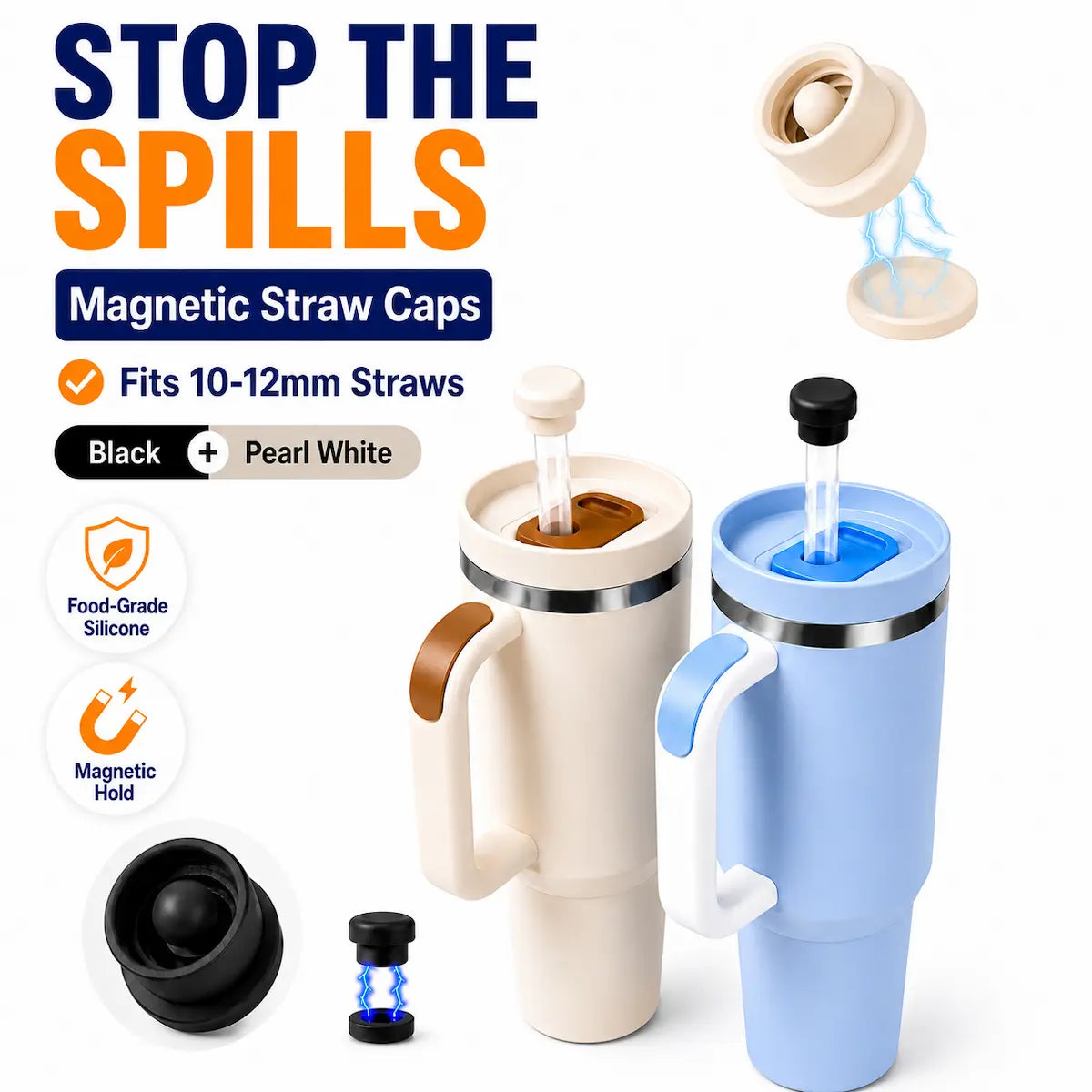 Magnetic silicone straw cover caps for 40oz tumblers in pearl white and black. Spill-proof reusable food-grade silicone straw protectors fit 10mm–12mm straws, feature a strong magnetic closure, and help keep drinks protected from spills, dust, debris, and germs during travel and everyday use.