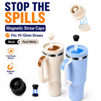 Magnetic silicone straw cover caps for 40oz tumblers in pearl white and black. Spill-proof reusable food-grade silicone straw protectors fit 10mm–12mm straws, feature a strong magnetic closure, and help keep drinks protected from spills, dust, debris, and germs during travel and everyday use.