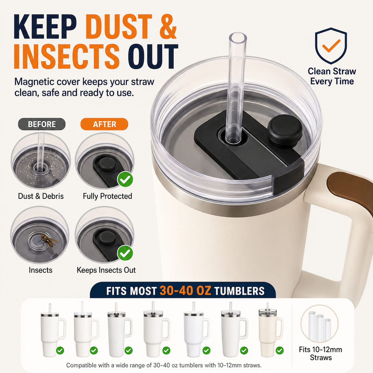 Magnetic silicone straw cover cap for 40oz tumblers showing dust, debris, and insect protection. Reusable food-grade silicone straw protector keeps drinking straws clean and covered with a secure magnetic closure, fitting most 30–40 oz tumblers with 10mm–12mm straws.