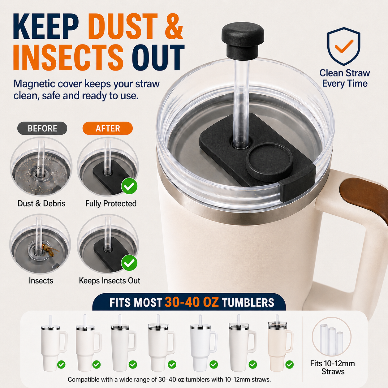 Magnetic silicone straw cover cap for 40oz tumblers showing dust, debris, and insect protection. Reusable food-grade silicone straw protector keeps drinking straws clean and covered with a secure magnetic closure, fitting most 30–40 oz tumblers with 10mm–12mm straws.