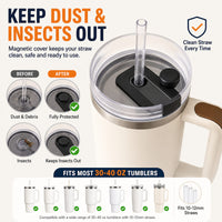 Magnetic silicone straw cover cap for 40oz tumblers showing dust, debris, and insect protection. Reusable food-grade silicone straw protector keeps drinking straws clean and covered with a secure magnetic closure, fitting most 30–40 oz tumblers with 10mm–12mm straws.