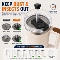 Magnetic silicone straw cover cap for 40oz tumblers showing dust, debris, and insect protection. Reusable food-grade silicone straw protector keeps drinking straws clean and covered with a secure magnetic closure, fitting most 30–40 oz tumblers with 10mm–12mm straws.