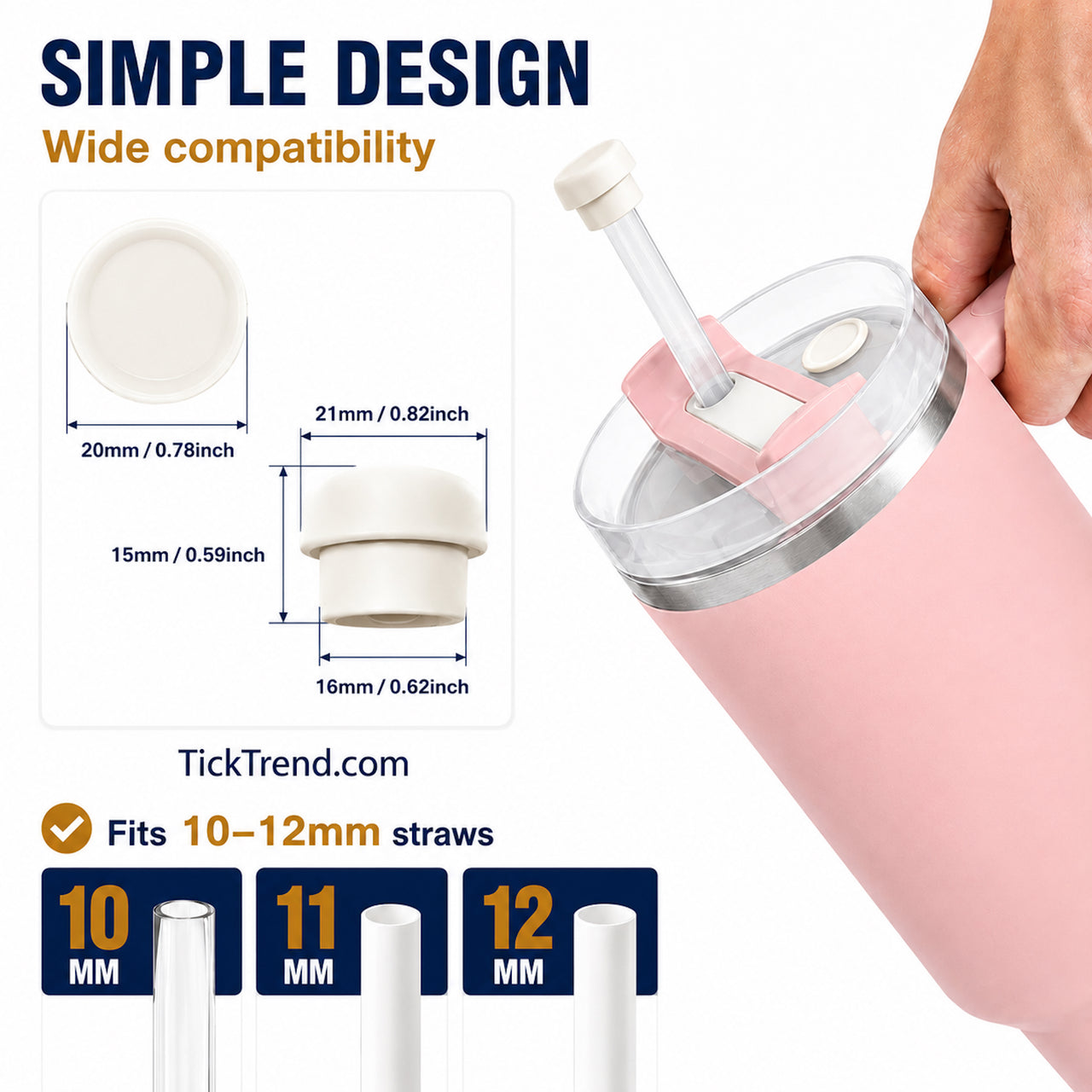 Magnetic silicone straw cover cap size guide showing compatibility with 10mm, 11mm, and 12mm reusable straws. Leak-proof magnetic straw protector for 40oz tumblers helps prevent spills and keeps straws clean from dust, debris, insects, and germs during travel and everyday use.