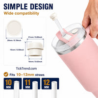 Magnetic silicone straw cover cap size guide showing compatibility with 10mm, 11mm, and 12mm reusable straws. Leak-proof magnetic straw protector for 40oz tumblers helps prevent spills and keeps straws clean from dust, debris, insects, and germs during travel and everyday use.