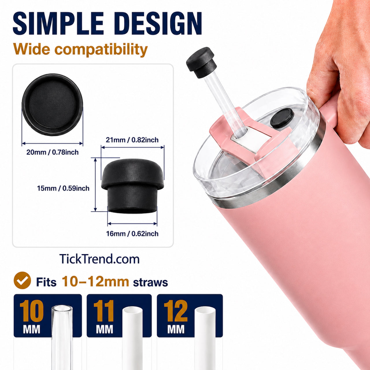 Magnetic silicone straw cover cap size guide showing compatibility with 10mm, 11mm, and 12mm reusable straws. Leak-proof magnetic straw protector for 40oz tumblers helps prevent spills and keeps straws clean from dust, debris, insects, and germs during travel and everyday use.