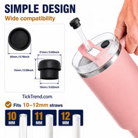 Magnetic silicone straw cover cap size guide showing compatibility with 10mm, 11mm, and 12mm reusable straws. Leak-proof magnetic straw protector for 40oz tumblers helps prevent spills and keeps straws clean from dust, debris, insects, and germs during travel and everyday use.