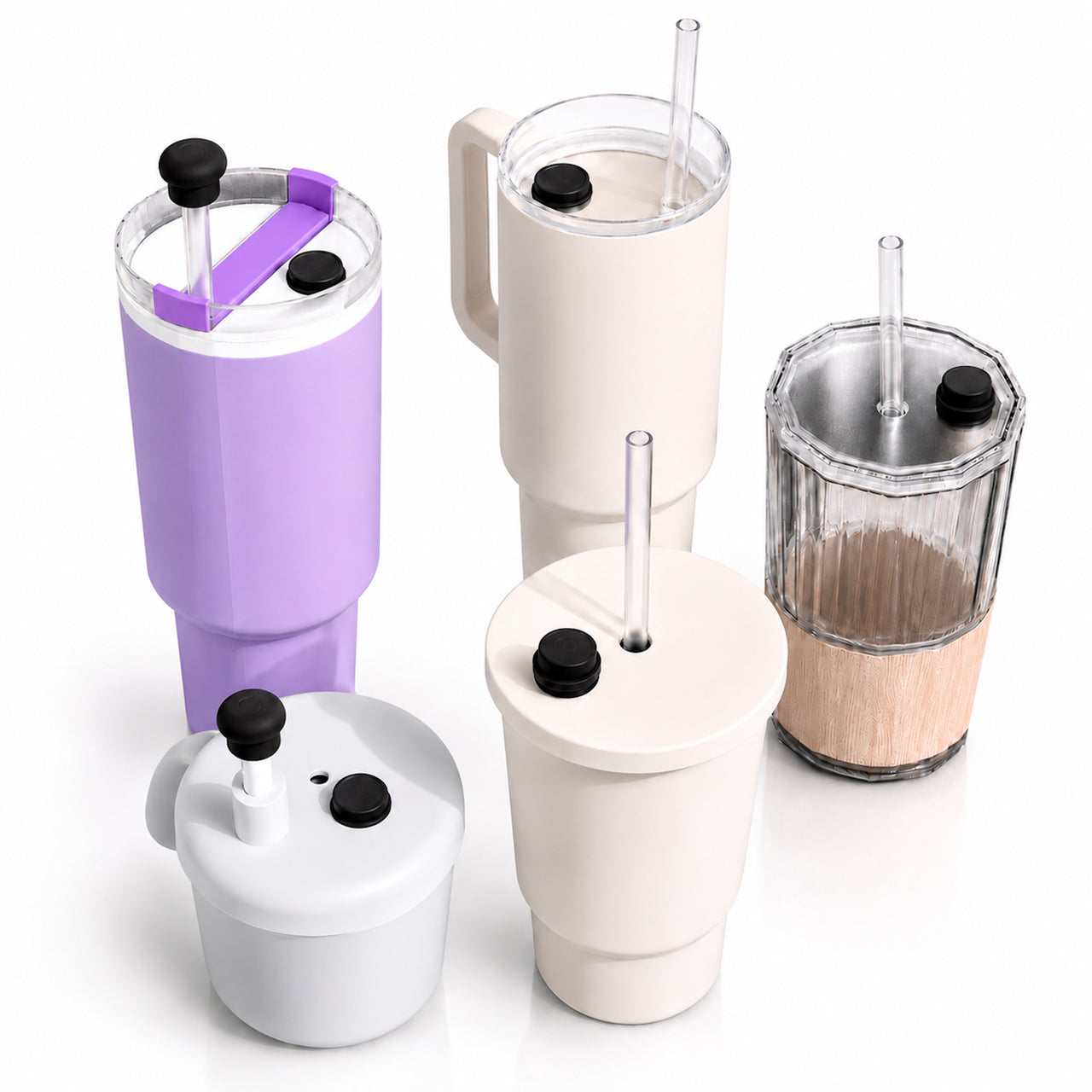 Universal-fit magnetic silicone straw cover caps displayed on multiple popular 40oz tumblers and reusable drinkware styles. Food-grade magnetic straw toppers fit 10mm–12mm straws, helping protect beverages from dust, insects, debris, and germs while providing a secure, reusable solution for travel, work, commuting, outdoor activities, and everyday hydration.