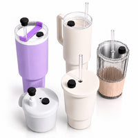 Universal-fit magnetic silicone straw cover caps displayed on multiple popular 40oz tumblers and reusable drinkware styles. Food-grade magnetic straw toppers fit 10mm–12mm straws, helping protect beverages from dust, insects, debris, and germs while providing a secure, reusable solution for travel, work, commuting, outdoor activities, and everyday hydration.