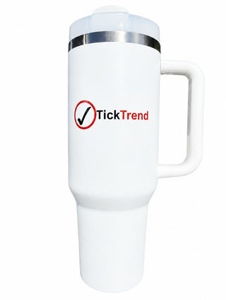 White TickTrend 40 oz insulated tumbler with handle and lid on a white background