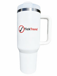White TickTrend 40 oz insulated tumbler with handle and lid on a white background