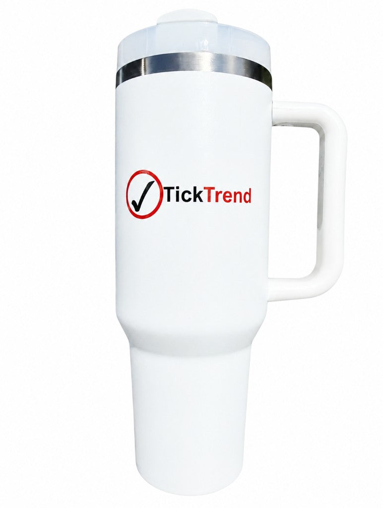 White TickTrend 40 oz insulated tumbler with handle and lid on a white background