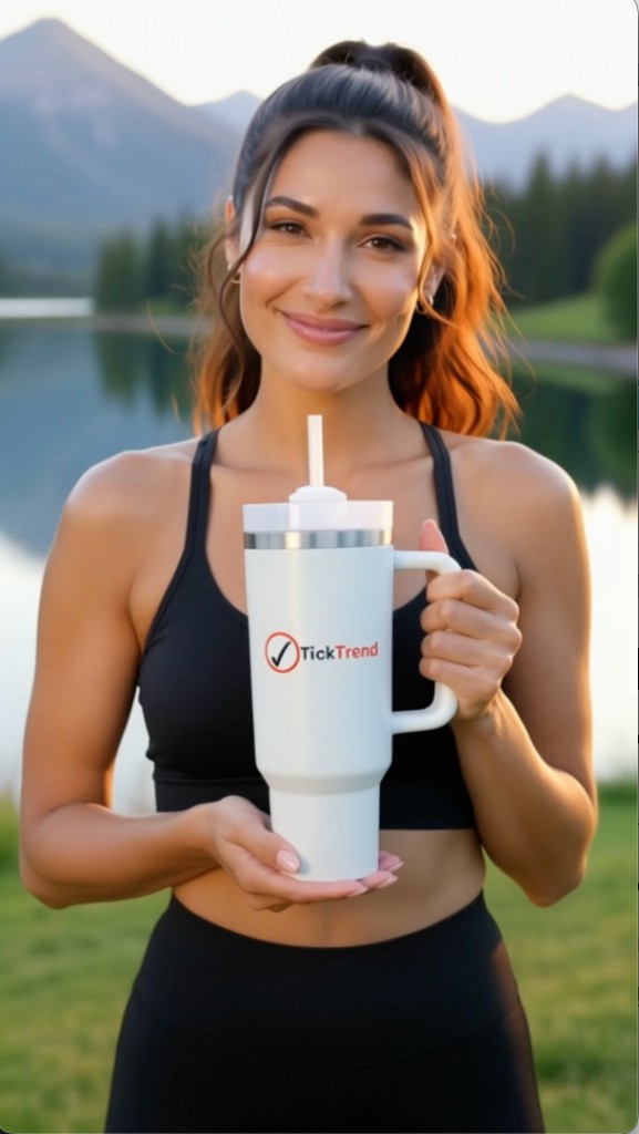 Woman holding a white TickTrend 40 oz insulated tumbler with handle and straw outdoors