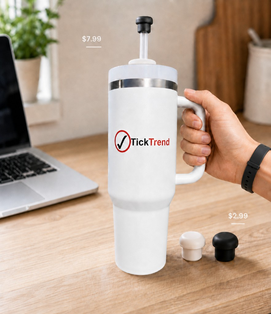 Hand holding a TickTrend 40 oz insulated tumbler with a magnetic straw cap on the straw