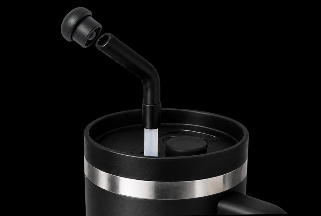 Black magnetic silicone straw cap on a 40 oz tumbler